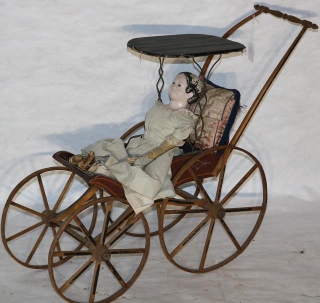 Appraisal: TH CENTURY SURREY-TYPE DOLL CARRIAGE ORIGINALPAINT AND STENCIL SHOWS WEAR