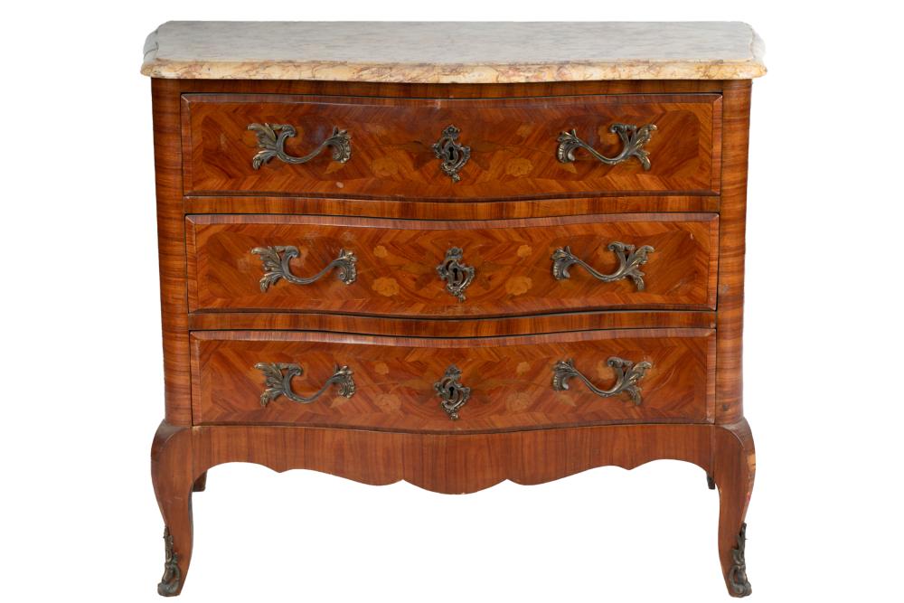 Appraisal: MARBLE-TOP MARQUETRY COMMODEwith three drawers Condition with scattered chips and