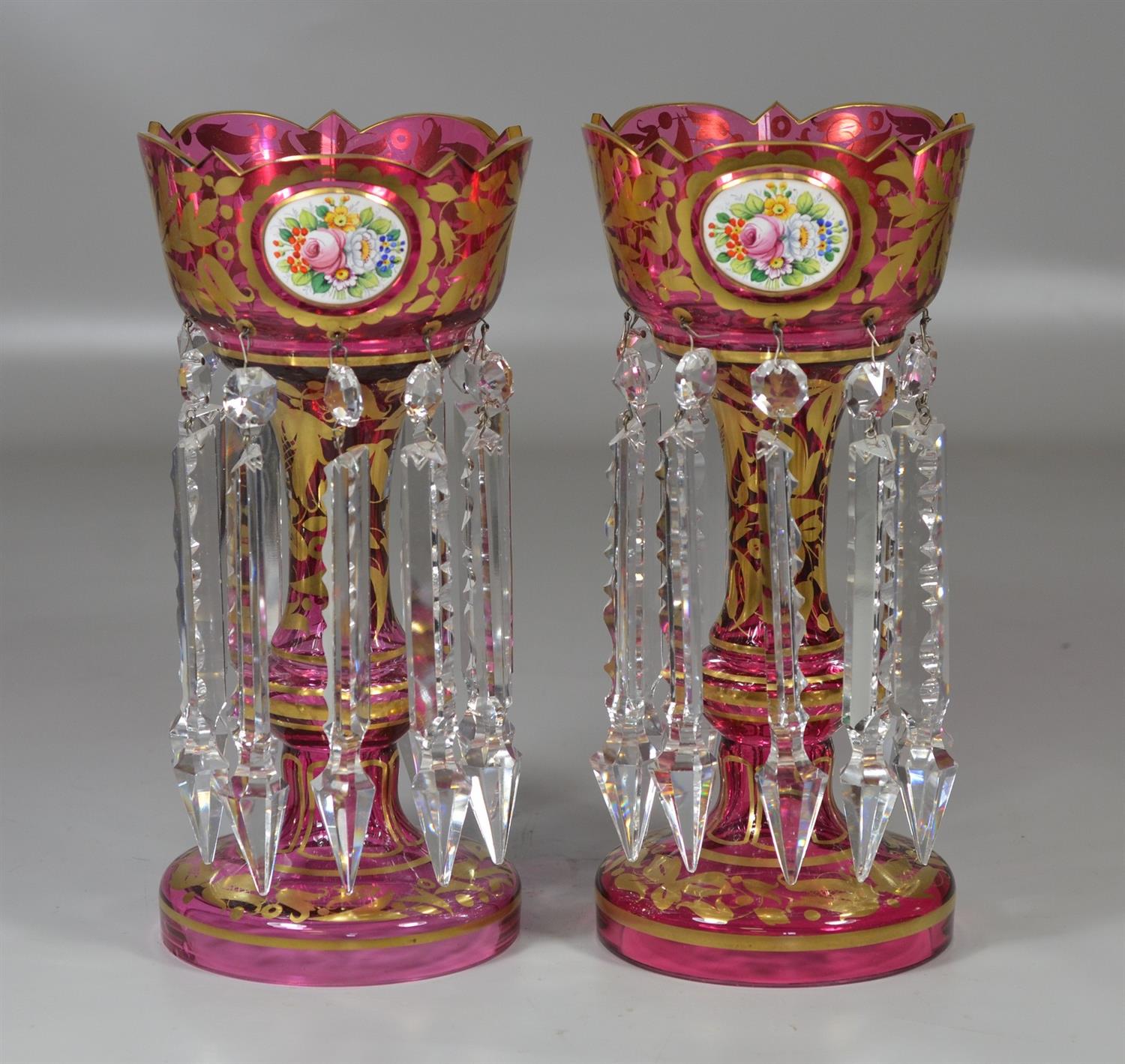 Appraisal: Pair of enameled and gilt cranberry glass lusters with clear