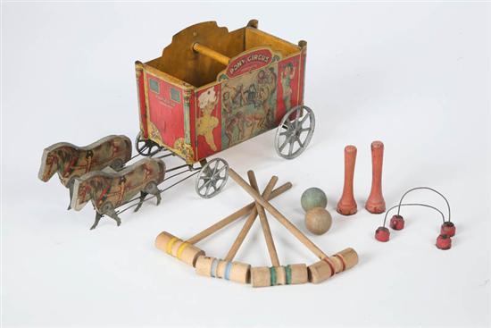 Appraisal: TWO TOYS A tin and wood Pony Circus pull toy