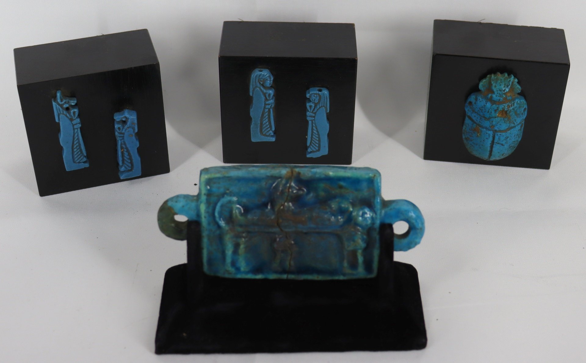 Appraisal: Egyptian Antique Blue Faience Grouping Pcs different mounted Egyptian faience