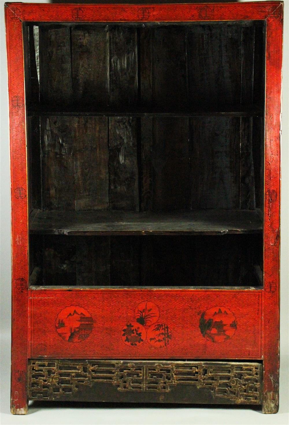 Appraisal: CHINESE RED AND BLACK LACQUER PROVINCIAL CABINET the rectangular case