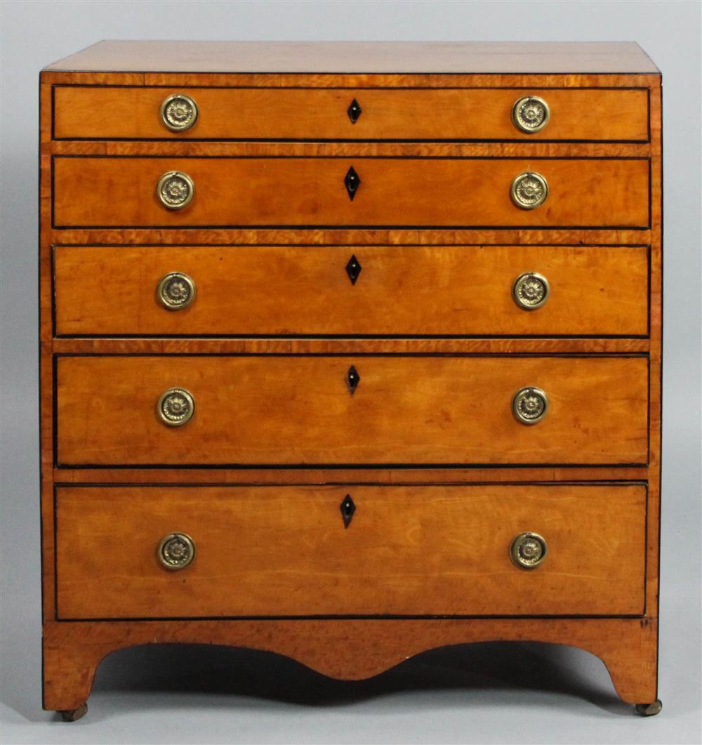 Appraisal: REGENCY STYLE INLAID SATINWOOD VENEERED CHEST OF DRAWERS having a