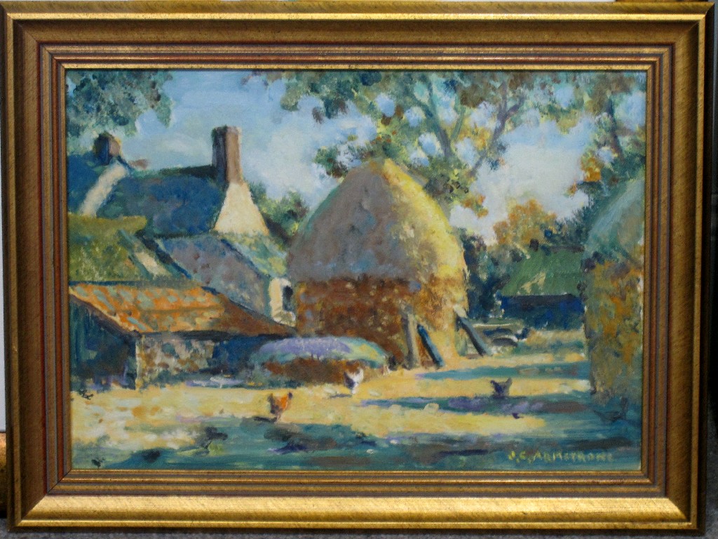 Appraisal: J C ARMSTRONG oil on board farmyard scene signed