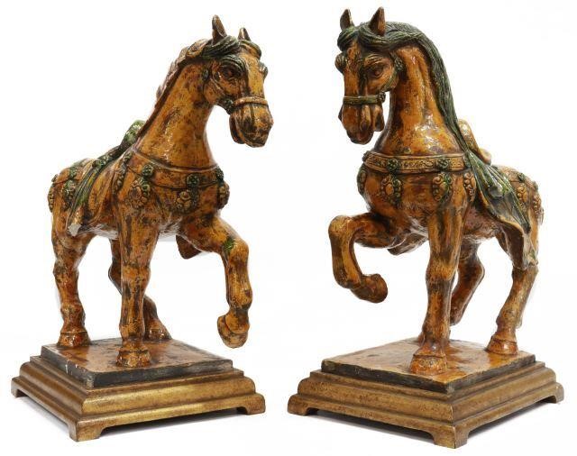 Appraisal: pair Tang Dynasty style ceramic horses green and yellow glazed