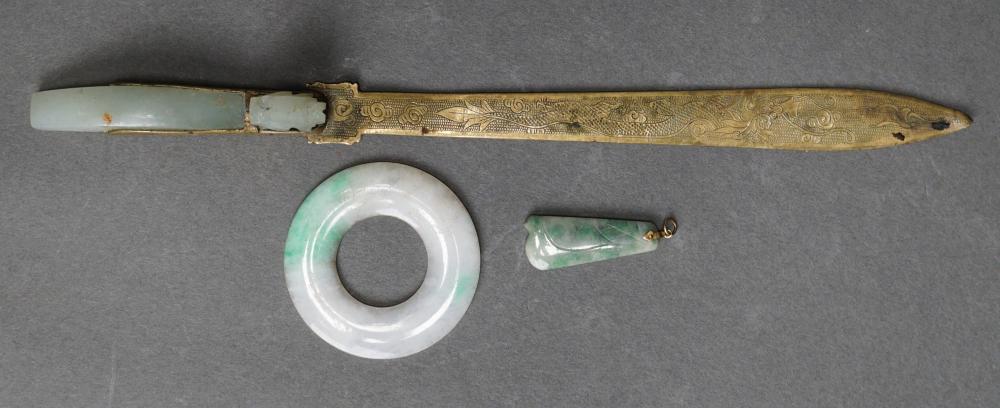 Appraisal: Chinese Jade Handle Letter Opener Jade Small Pi-Ring and a