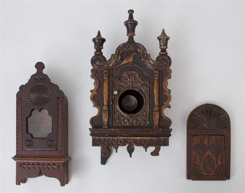 Appraisal: TWO CARVED WOOD WATCH STANDS AND A SMALL CASED MIRROR