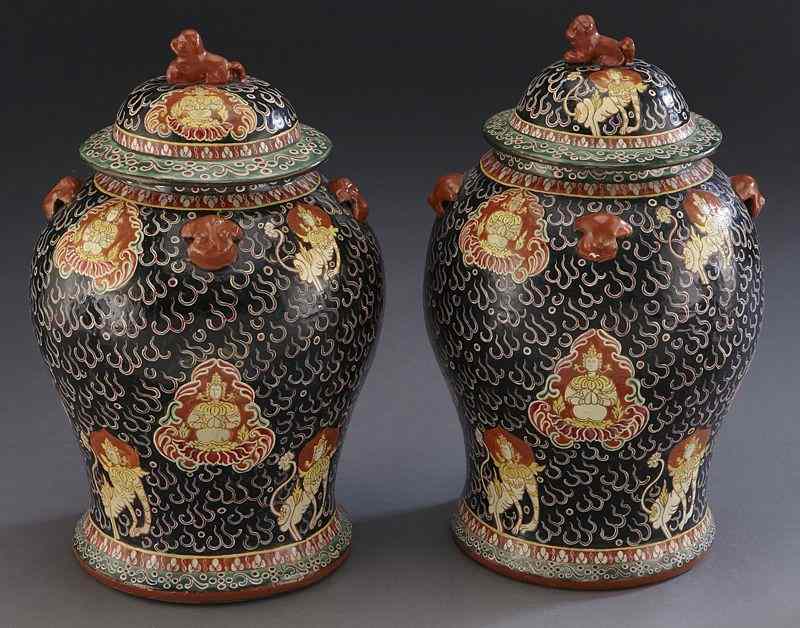 Appraisal: Pr Chinese Qing export Thai benjarong porcelainginger jars depicting Buddhas