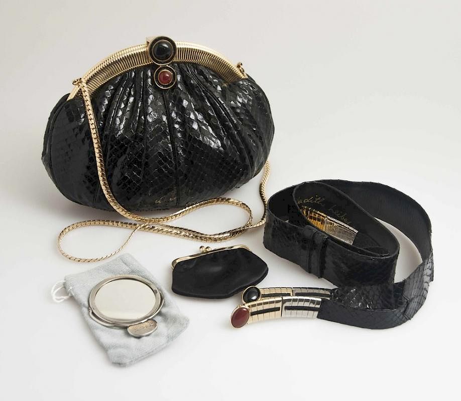 Appraisal: Judith Lieber Handbag Belt Judith Leiber black snakeskin shoulder bag