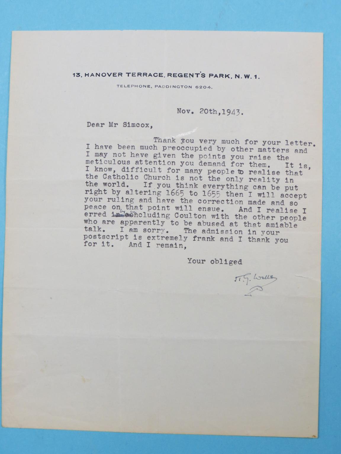 Appraisal: H G Wells - - type-written letter signed and related