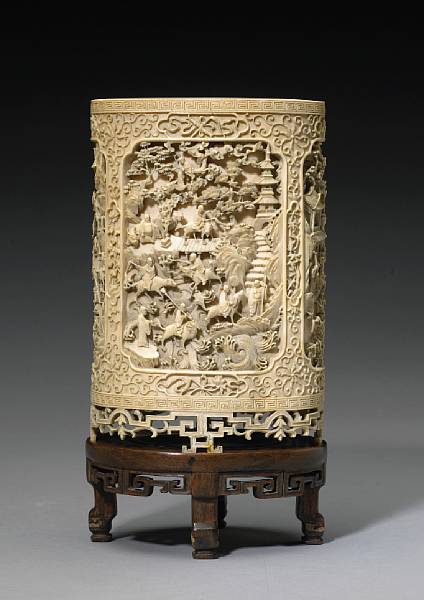 Appraisal: A carved ivory brush pot th Century Of flattened cylindrical