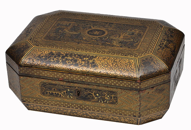 Appraisal: A TH CENTURY CHINESE LACQUERED OCTAGONAL SEWING BOX with fine