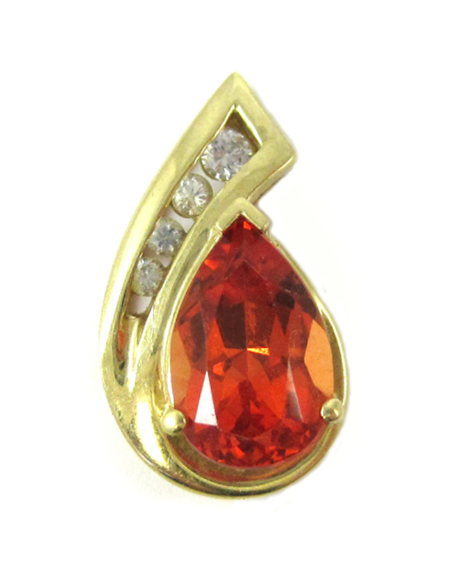 Appraisal: SYNTHETIC ORANGE SAPPHIRE AND DIAMOND PENDANT k yellow gold with