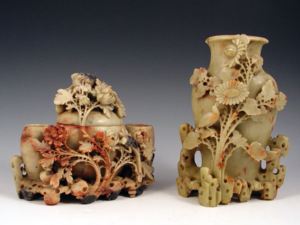 Appraisal: CHINESE INTRICATELY CARVED SOAPSTONE piece lot to include Vase ''