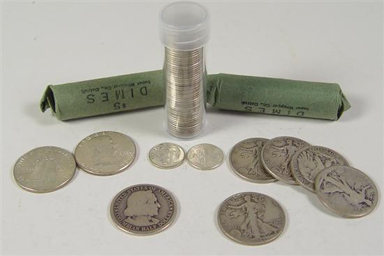 Appraisal: Three Rolls of Silver Roosevelt Dimes Franklins Half Dollars Three