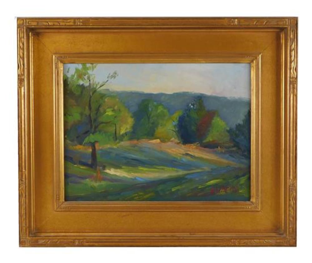 Appraisal: th C oil on board depicts impressionistic landscape with trees