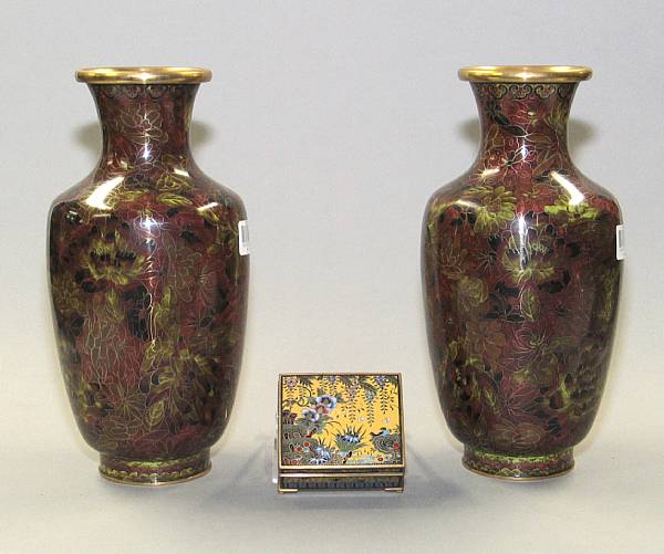 Appraisal: Three Asian cloisonn enameled metal containers Including a pair ofChinese