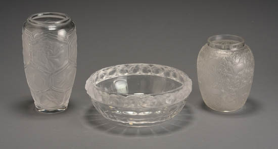 Appraisal: Lalique Molded and Frosted Glass Bowl and Two Vases After