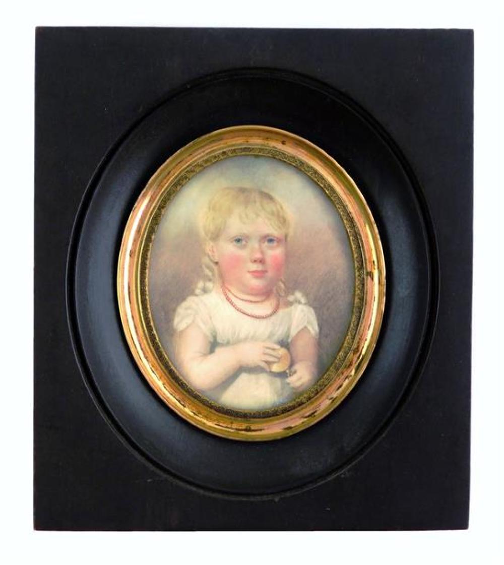 Appraisal: MINIATURE Child on oval support likely ivory blonde hair double