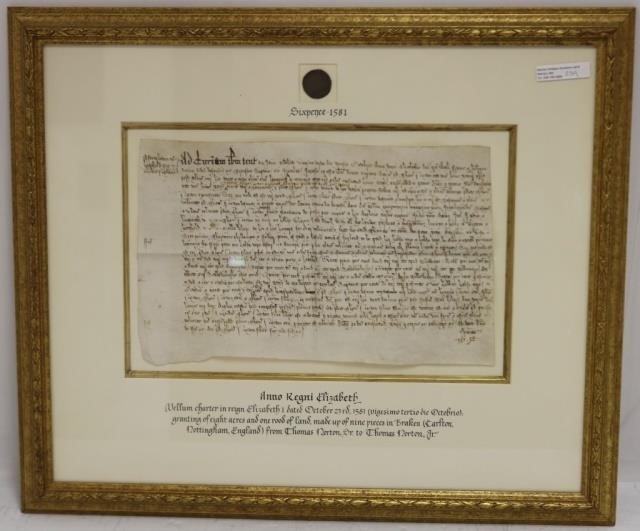 Appraisal: ELIZABETH I FRAMED LAND DEED DATED OCTOBER GRANTS EIGHT ACRES