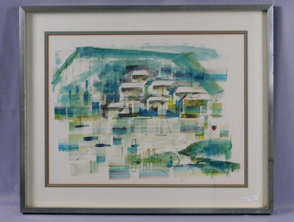 Appraisal: ALFRED BIRDSEY - BERMUDA WATERCOLORpainting depicting an abstract Bermuda cityscape