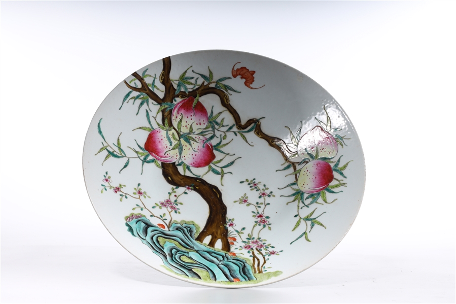 Appraisal: Chinese enameled porcelain charger depicting peaches six character mark to