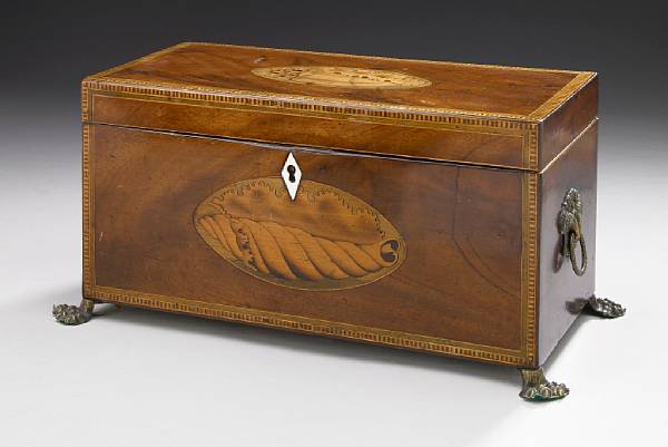 Appraisal: A George III inlaid mahogany checkerstrung tea caddy early th