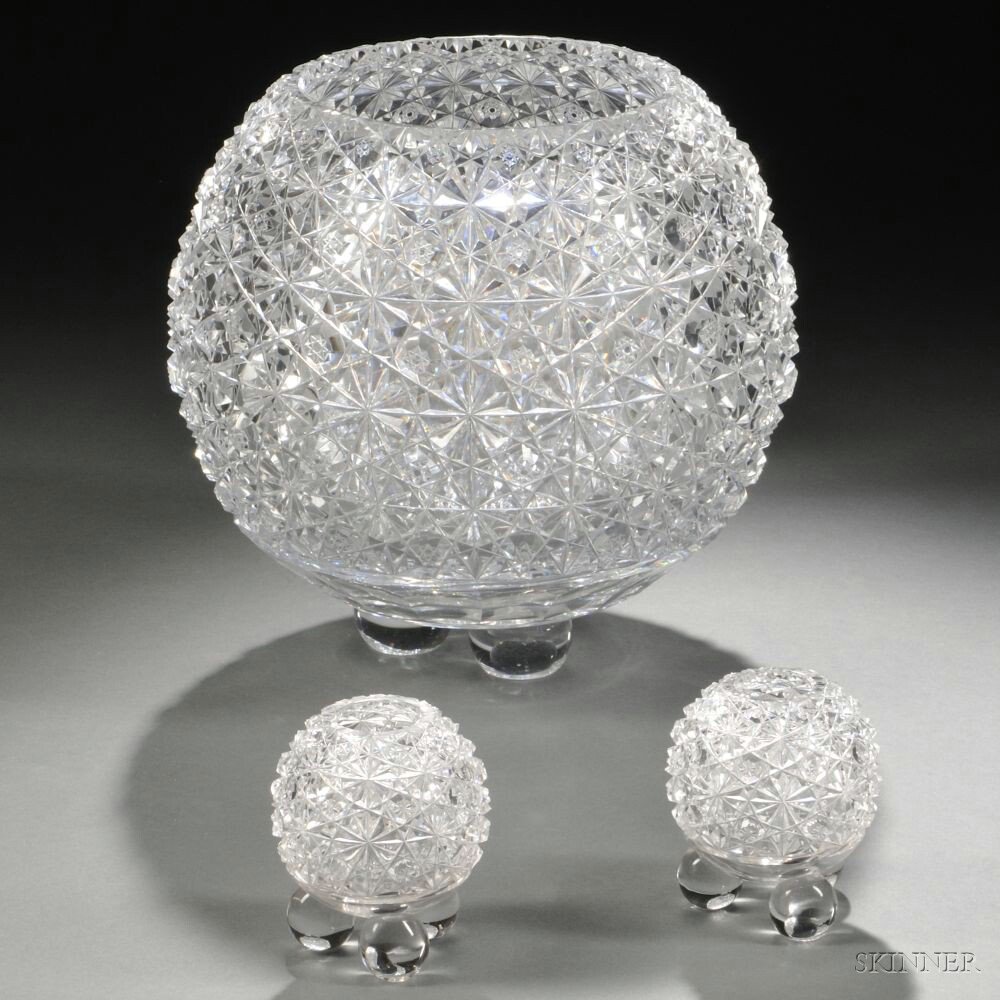 Appraisal: Three American Colorless Cut Glass Rose Bowls late th early