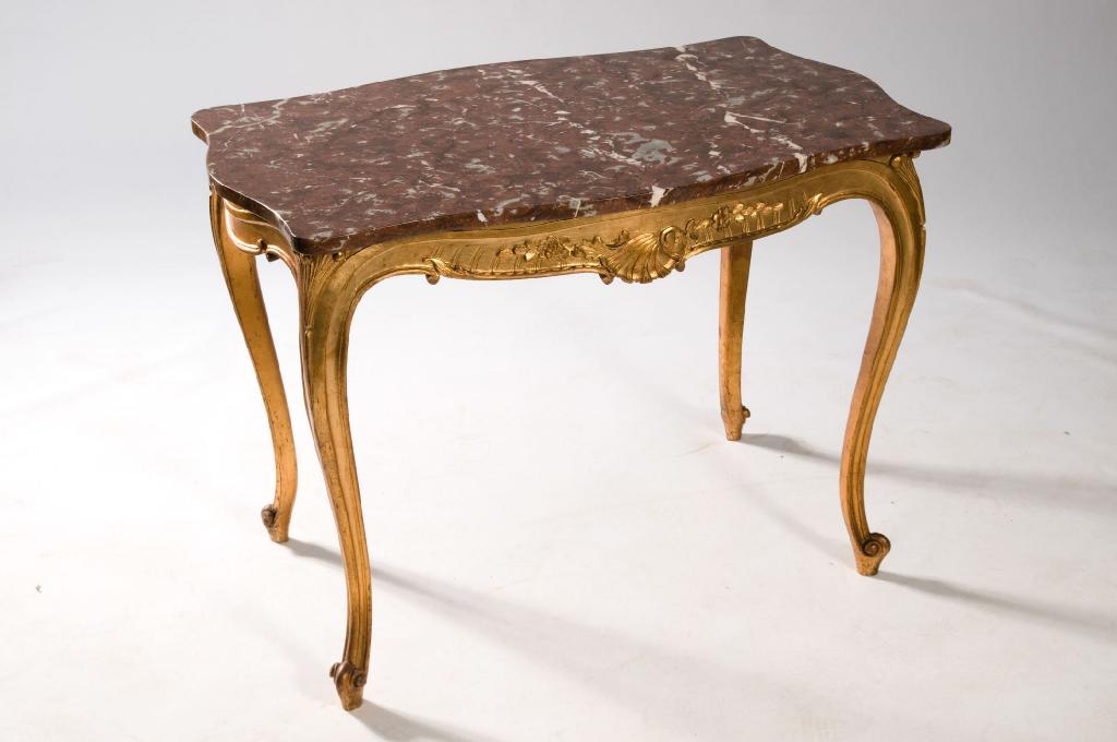 Appraisal: MARBLE-TOPPED GILTWOOD CENTRE TABLE IN LOUIS XV STYLE the rouge