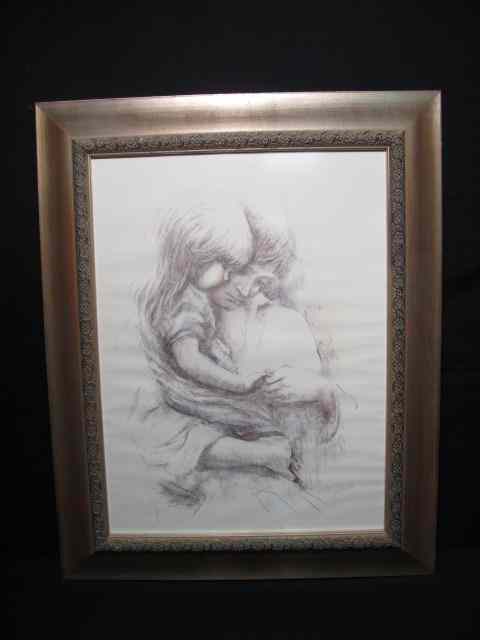 Appraisal: Charcoal drawing on paper of a father and daughter Signed