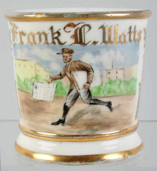 Appraisal: Newspaper Seller Shaving Mug Description Gilt name Frank L Watts