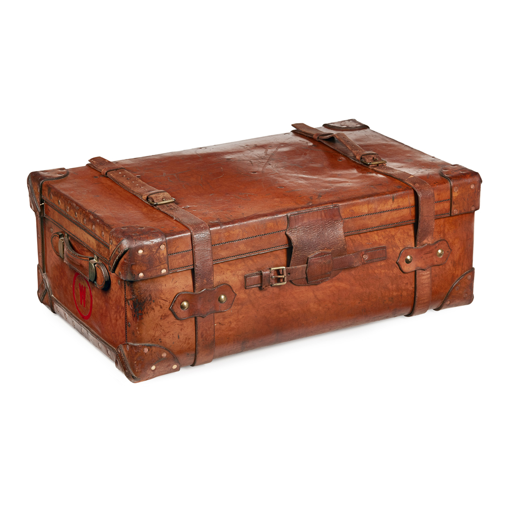 Appraisal: LARGE EDWARDIAN LEATHER TRAVELLING TRUNK EARLY TH CENTURY in brown