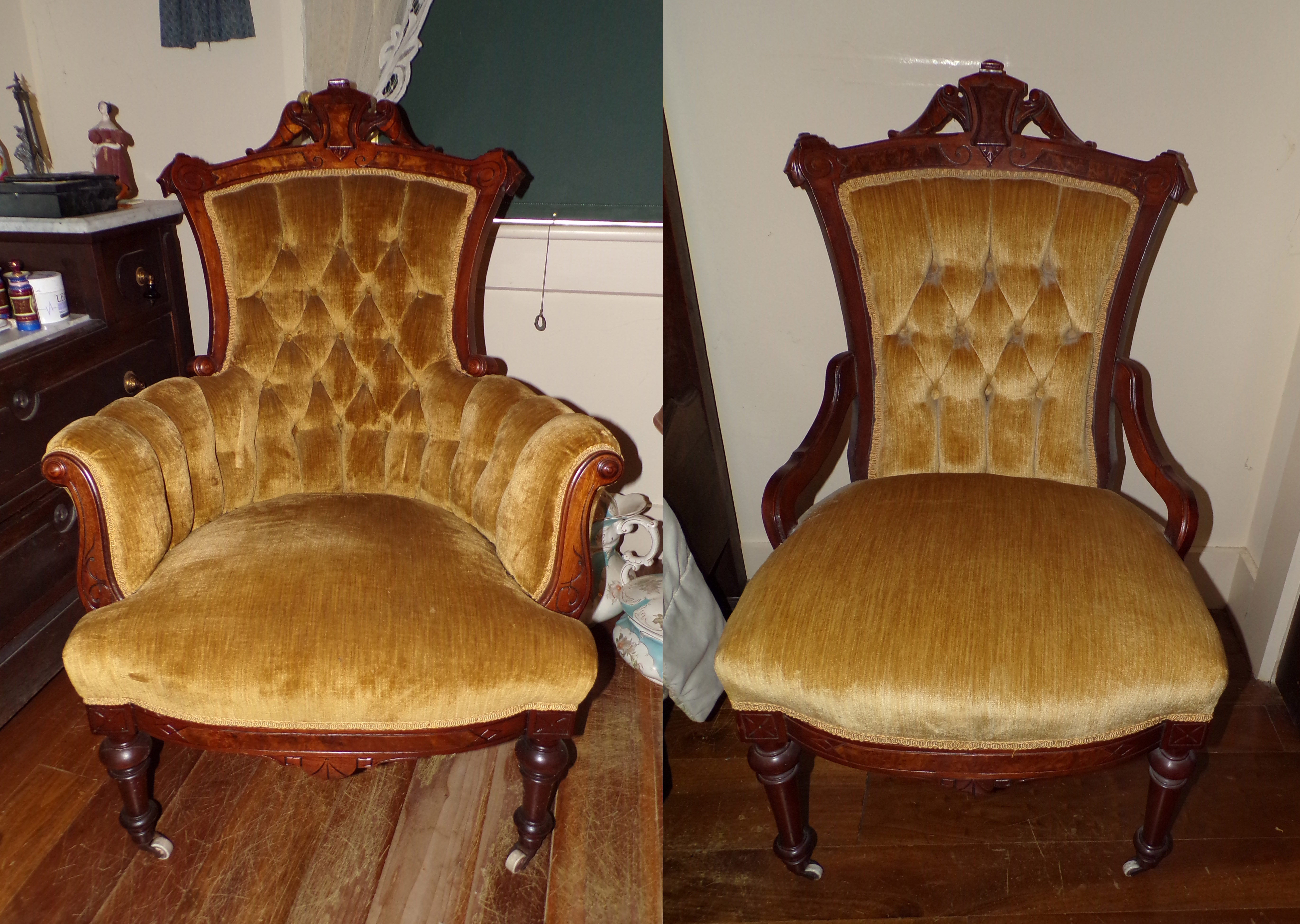 Appraisal: Pr Victorian Renaissance Revival armchairs gentleman's and lady's upholstered ''