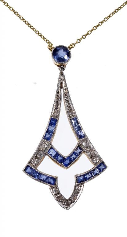 Appraisal: AN ART DECO SAPPHIRE AND DIAMOND PENDANT with millegrain set