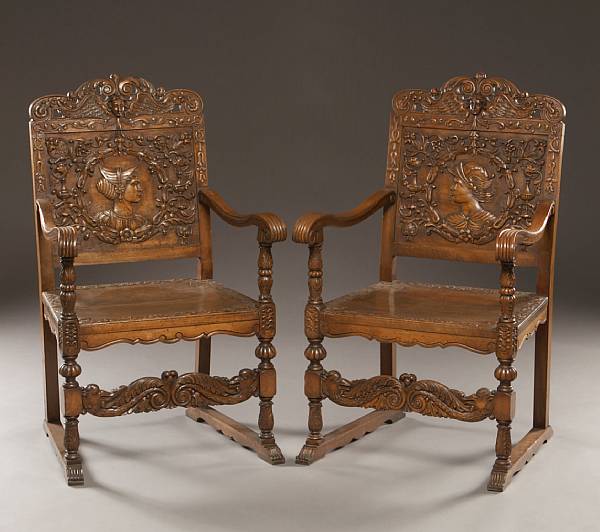 Appraisal: A pair of Renaissance style carved walnut armchairs circa Each