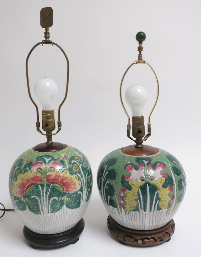 Appraisal: Similar Chinese Ginger Jars as Lamps Tobacco Leaf Style Decoration