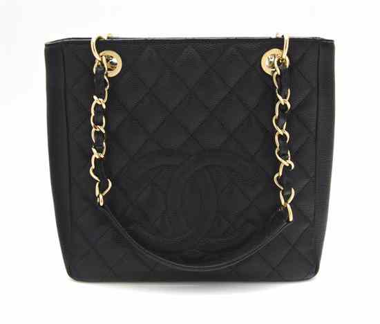 Appraisal: A Chanel Black Quilted Caviar Leather Bag goldtone chain double