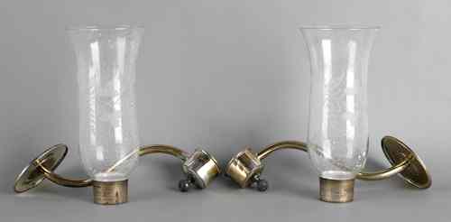 Appraisal: Pair of brass sconces with etched glass shades h