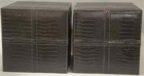 Appraisal: PAIR OF BLACK FAUX CROCODILE LEATHER SIDE TABLES OTTOMANS cube