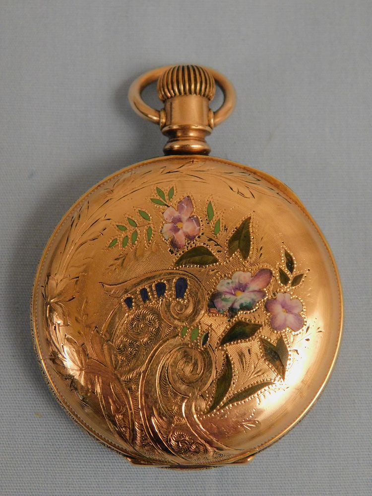 Appraisal: WALTHAM ENAMEL K GOLD POCKET WATCH Antique American Waltham ladies