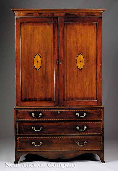 Appraisal: An Antique George III-Style Inlaid Mahogany Linen Press c cove