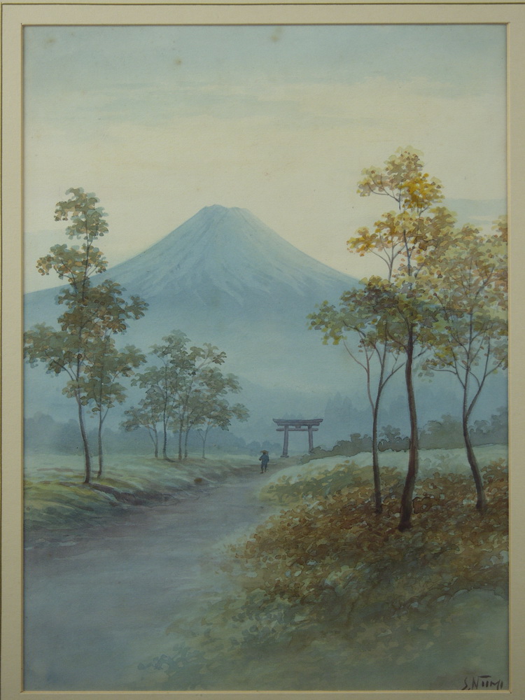 Appraisal: WATERCOLOR - Japanese style view of Mount Fuji ca s