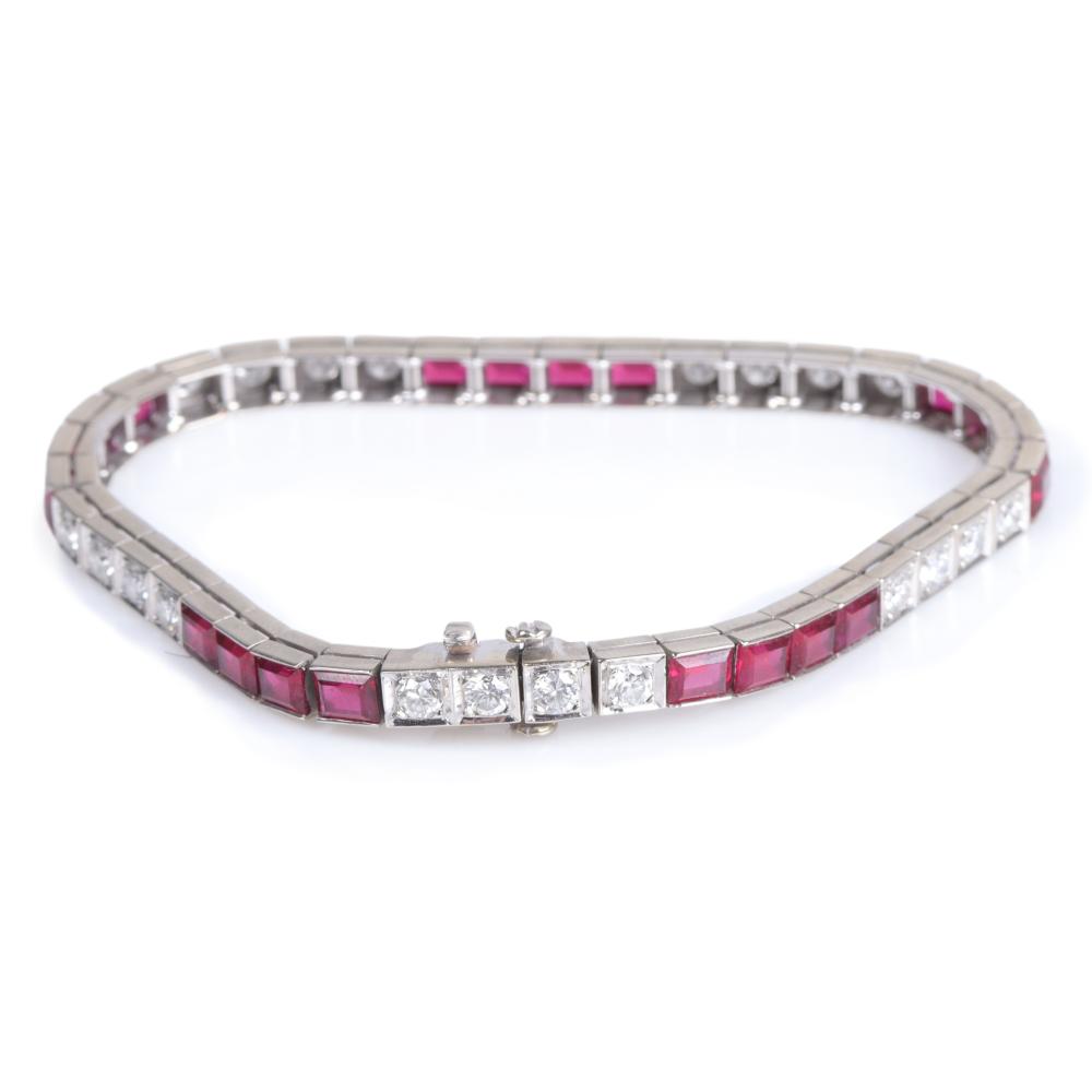 Appraisal: Estate K white gold diamond and ruby tennis bracelet contains