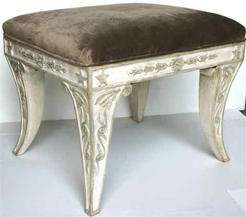 Appraisal: DIRECTOIRE STYLE CARVED AND FAUX PAINTED STOOL the rectangular overupholstered