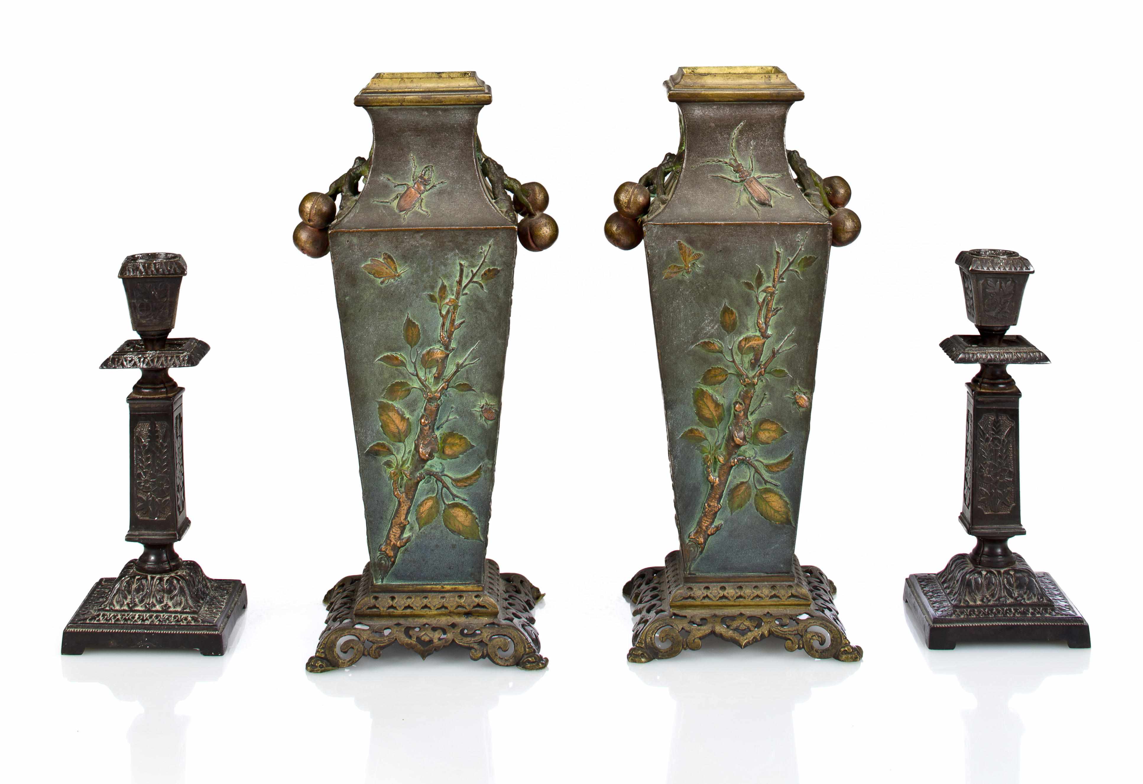 Appraisal: A pair of English Aesthetic Movement patinated metal vases with