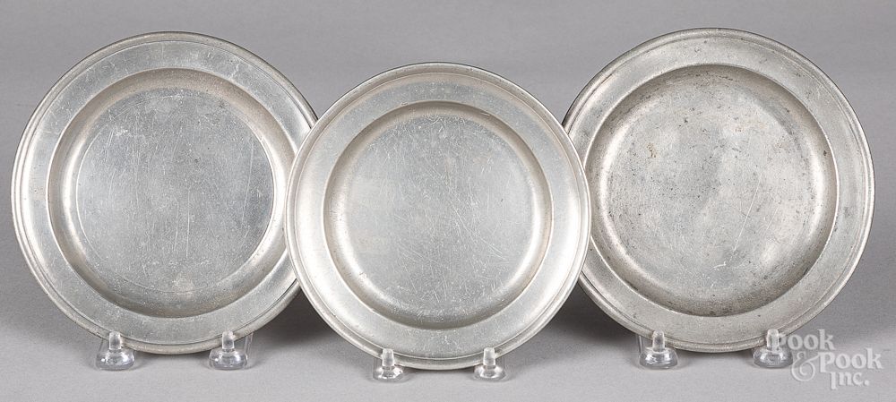 Appraisal: Three small pewter plates Three small pewter plates by Boardman