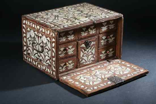 Appraisal: SYRIAN IVORY INLAID BOX th century The hinged door opening