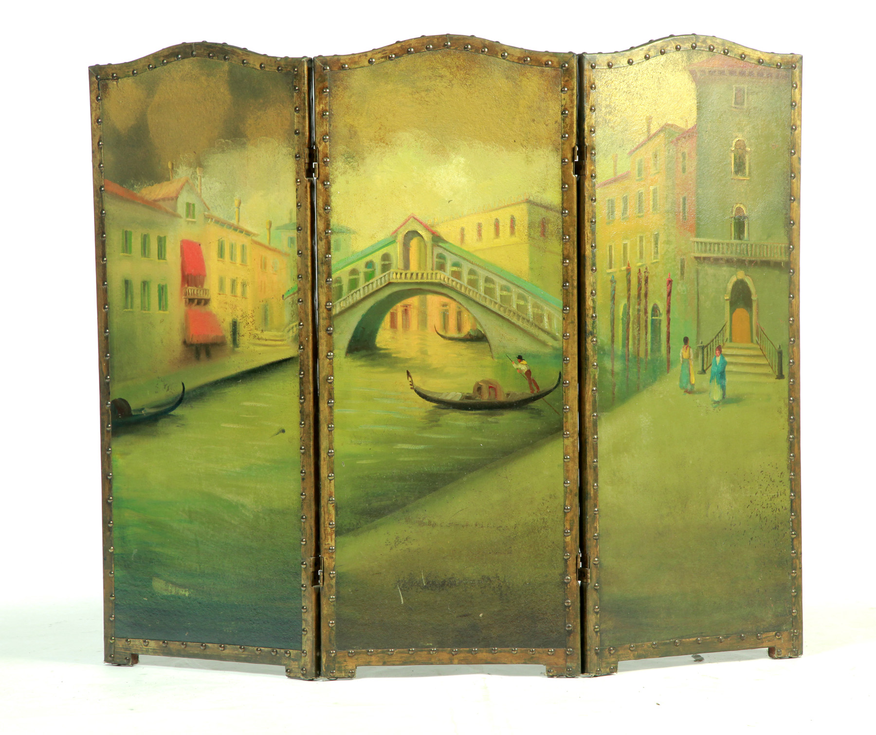 Appraisal: THREE-PANEL PAINTED LEATHER SCREEN American st quarter- th century Continuous