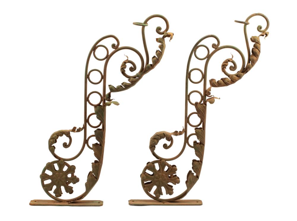 Appraisal: Pair of Wrought Iron Foliate Scroll Sign Brackets h in