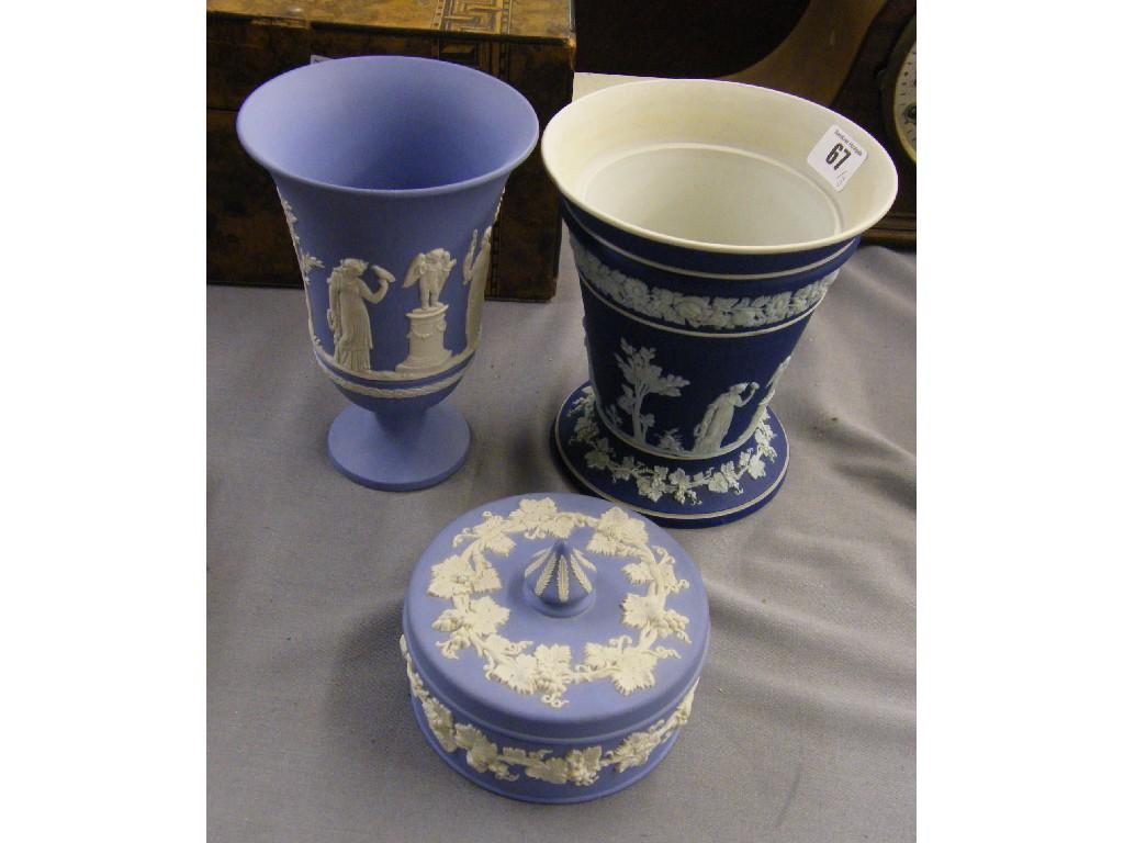 Appraisal: Three pieces of Wedgwood Jasper Ware including two vases and